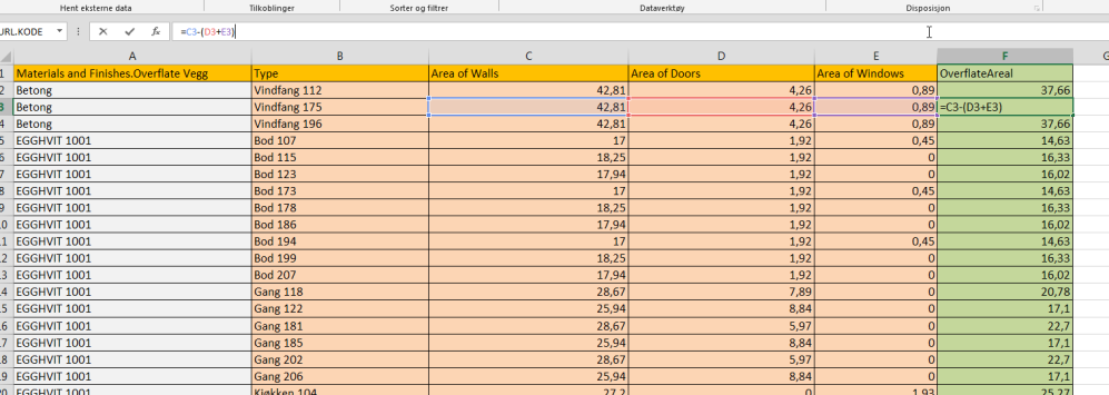 Kvadrat Vegg Utregningene for denne verdien fungerer på følgende måte: I listen fra Solibri har jeg de tre kolonnene som gir meg Arealer hentet direkte utifra modellen: Area of walls Area of doors