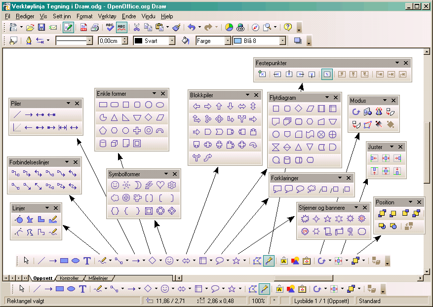 1 Draw 1.. Verktøylinja Tegning Bruk av verktøylinja Tegning. Her kan du gjøre enormt mye: 1. Tegne linje.. Tegne enkle piler.. Tegne rektangel.. Tegne ellipse/sirkel. 5. Lage tekstboks. 6.