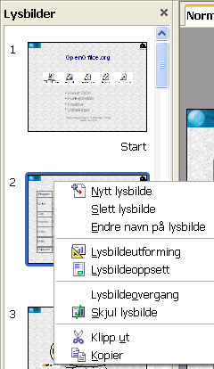 Presentasjon med Impress.0.. Dialogboksen Lysbilder.. Dialogboksen Oppgaver Dialogboksen Lysbilder gir deg en oversikt over lysbildene og operasjoner på hele lysbilder. Se også Figur 11 side 59.