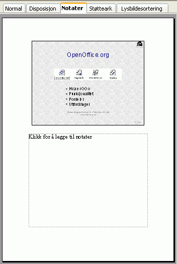 Presentasjon med Impress.0.7.5 Notater for din del Sette inn notater til et lysbilde Når du skal holde et foredrag, kan det være en fordel å ha notater over hva du skal si.