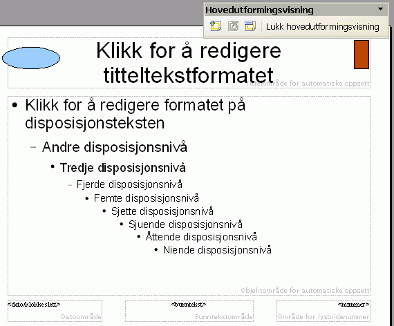 .9 Gjennomgående endringer og elementer Logoer, sidenummerering, tid og dato er ofte faste elementer som er med på alle lysbildene. De kan med fordel legges inn i bakgrunnen på lysbildene.