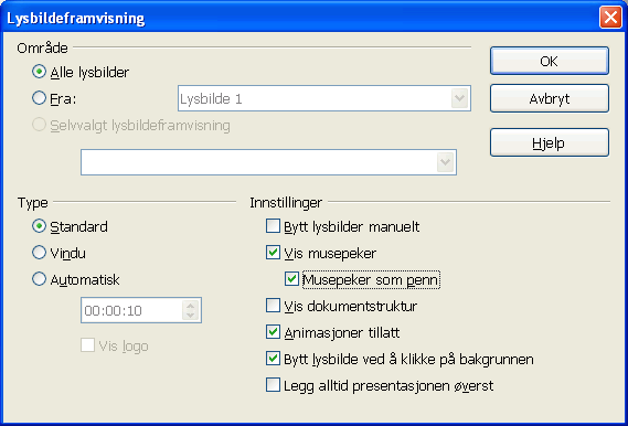 Presentasjon med Impress.0.10. Innstillinger for framvisning Endre innstillinger for framvisning Flere egenskaper ved framvisningen kan stilles inn manuelt. 1.