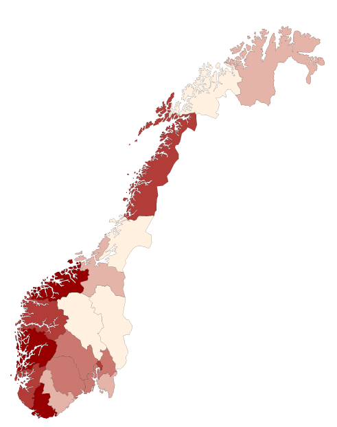 Tabellen i figuren viser at det er fylkene Hordaland, Oslo, Rogaland, Møre og Romsdal og Akershus som har den største differansen, og som dermed er viktige fylker for norsk eksport av tjenester.