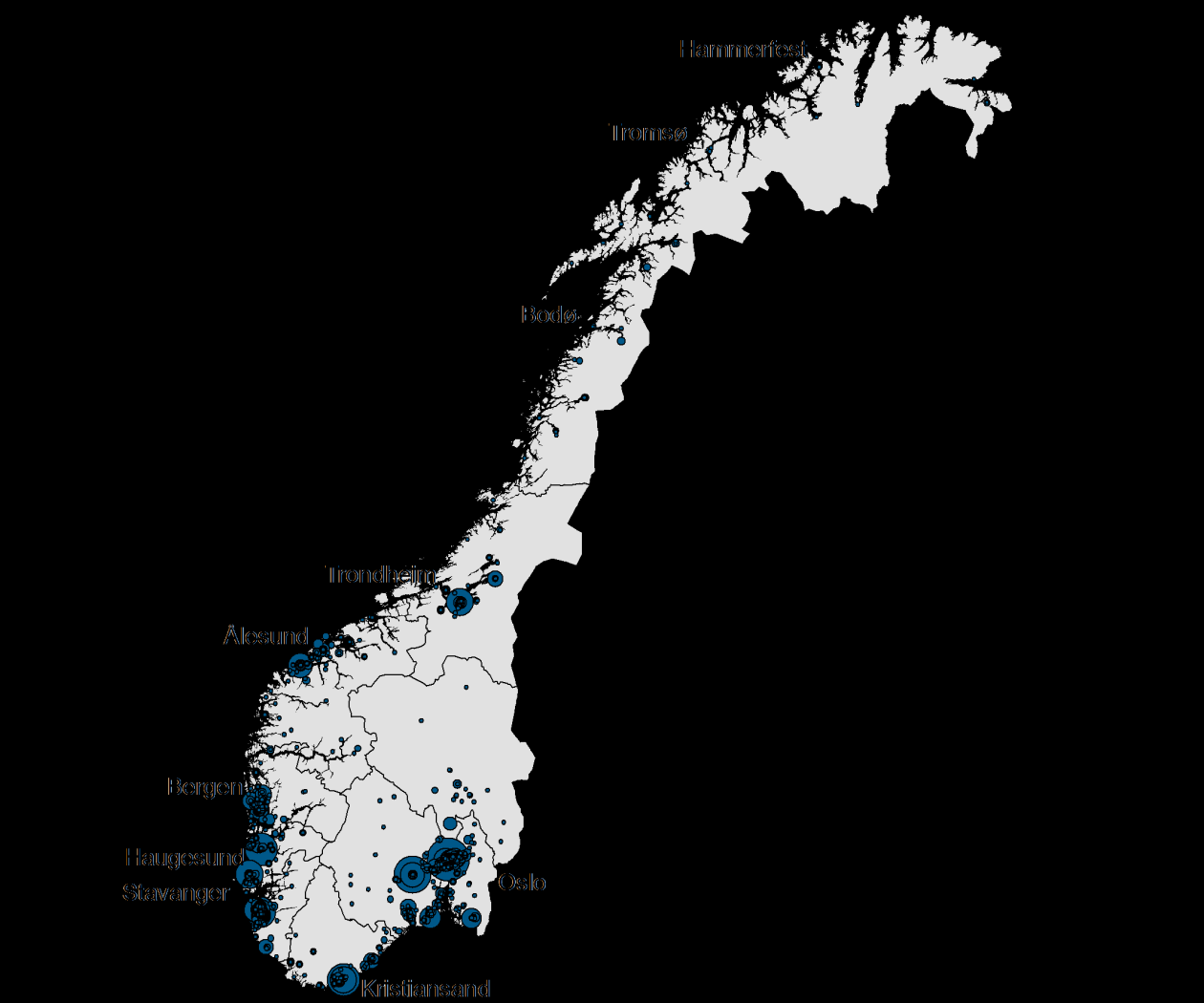 åtte, med kun 3 % av det totale antall sysselsatte i oljeserviceselskap. Videre er det en jevn fordeling ned mot de to minste regionene Nord-Norge og Indre Østlandet med henholdsvis ca.