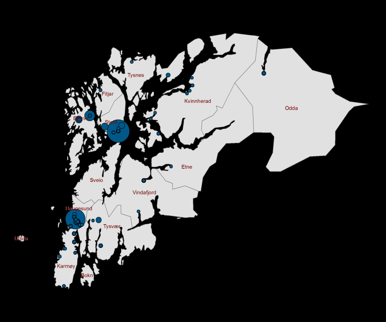 Figur 78: Kart over antall sysselsatte i norske oljeserviceselskap i regionen, representert med en sirkel per selskapsavdeling, 2012 0 1 2 3 Andel sysselsatte, prosent 0% 10% 20% 30% Haugesund Stord