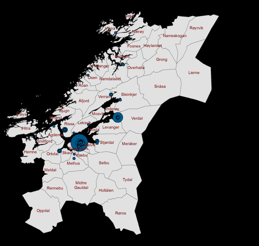 Figur 91: Kart over antall sysselsatte i norske oljeserviceselskap i regionen, representert med en sirkel per selskapsavdeling, 2012 0 2 4 6 Andel sysselsatte, prosent 0% 5% 10% 15% 20% Trondheim