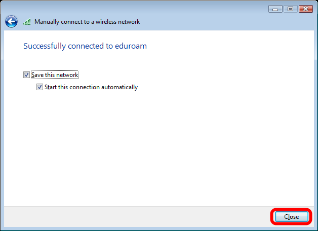 Oppkoblingen til Eduroam er fullført "Successfully connected to Eduroam" Se til at det er haket av ved "Save this