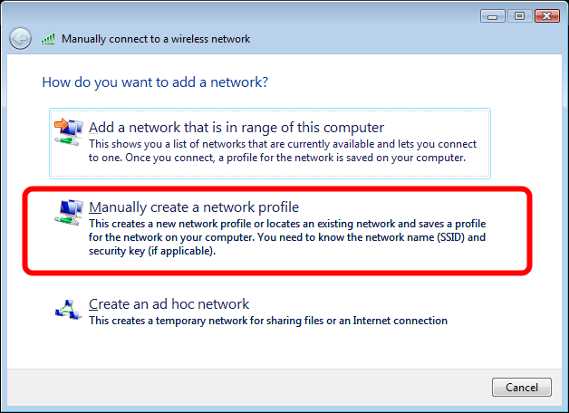 Administrere trådløse nettverk "Manage Wireless Networks" Klikk på "Add" knappen i dette vinduet. Dette vil bringe opp vinduet for å koble til trådløse nettverk manuelt.