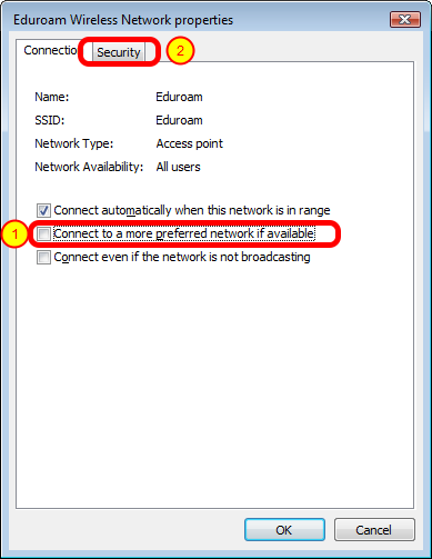 "Eduroam wireless network properties" på "Connection" fanebladet På fanebladet "Connection" fjerner du haken ved "Connect to a more preferred network if