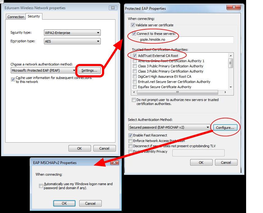 PEAP og sertifikat instillinger Klikk på "Settings..." knappen i "Eduroam Wireless Network properties" vinduet for å bringe opp "Protected EAP Properties" vinduet.