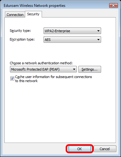 Tilbake i vinduet "Eduroam Wireless Network properties" Trykk "OK" for å lukke dette vinduet.