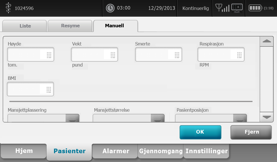 Bruksanvisning Pasientovervåking 141 Oppgi manuelle parametere Manuelle parametere-rammen gjør det mulig å legge inn målinger som er tatt manuelt, og viser målinger tatt av enkelte typer tilbehør.