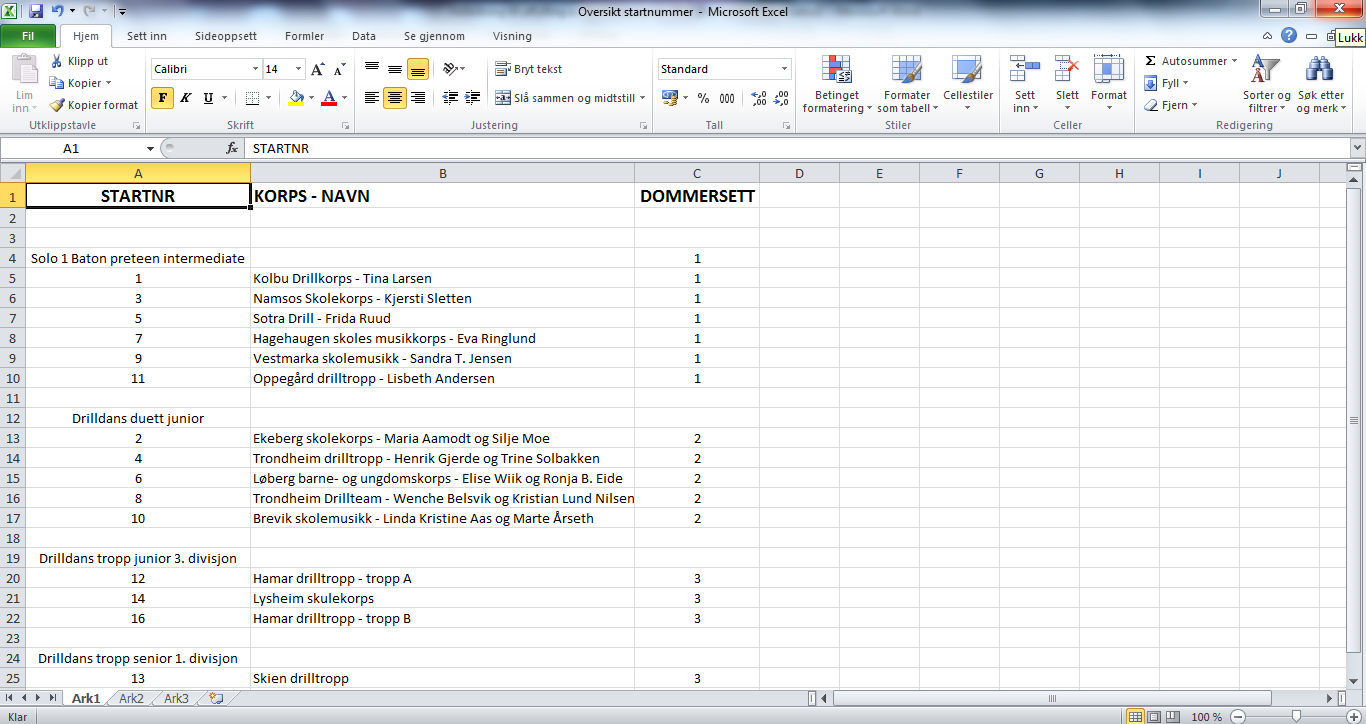 NB! Man kan også lage en egen kolonne for dommersett (1, 2, 3 osv.) og bruke dette som hjelp til å sortere skjemaene etter printing.