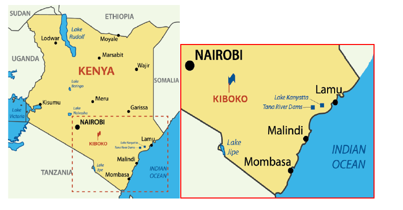 Anlegget er tenkt plassert langs hovedveien fra Nairobi til Mombasa og gir en strategisk nærhet til markedet Landområdet ved Kiboko Landområdet er på totalt 1590 acre (~6350 mål) og eies av en