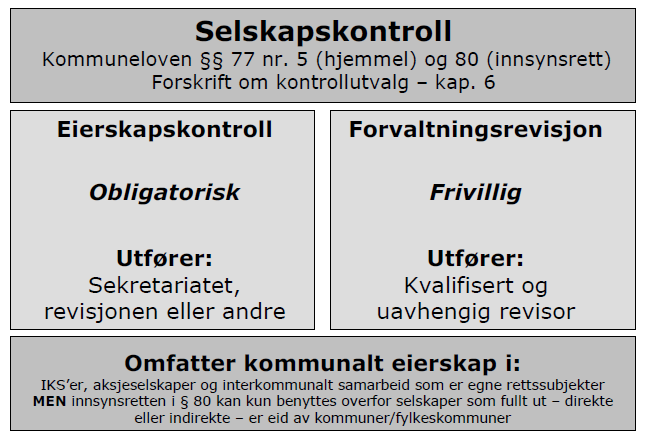 Plan for selskapskontroll Kontrollutvalget skal påse at det føres kontroll med forvaltningen av kommunenes interesser i selskaper m.m. (koml. 77 nr. 5).