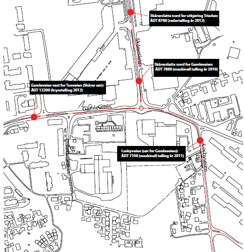 Figur 3: Trafikkforhold (figur som viser ÅDT på de ulike veier i området) Støy Området er utsatt for trafikkstøy fra Gamleveien og Losbyveien.