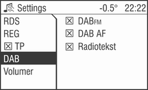 Radio 115 Velg ønsket ensemble. Radiomenyen vises. Den ønskede blokken og den første tilgjengelige kanalen vises på displayet. Den første tilgjengelige kanalen på frekvensblokken vil spilles.