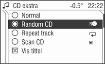 CD-spiller 119 Velg menyalternativet Track i menyen CD. En liste over alle lagrede spor vises. Sporet som spilles er markert med en pil. Velg ønsket spor. CD-menyen vises.