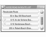 Navigering 69 Avoid Road In Route List (Unngå vei i ruteliste): åpner en meny som viser gjeldende ruteliste.