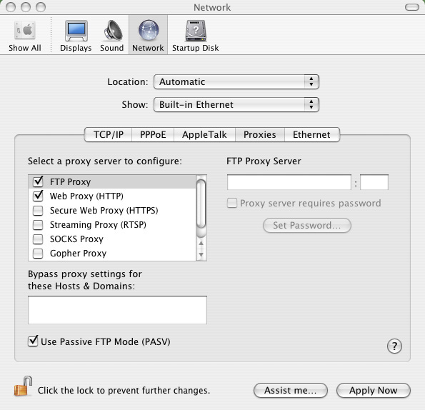 Från listan med protokoll avmarkera FTP Proxy och Web Proxy (HTTPS). 3. Klicka på Tillämpa nu när du är klar.