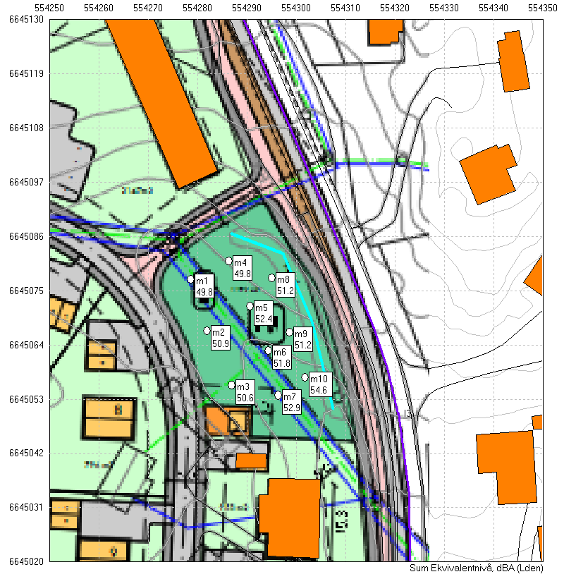 VEDLEGG C: PUNKTBEREGNING AV STØYNIVÅ PÅ LEKEPLASS VED OPPFØRING AV 1,8 METER HØY STØYVOLL Figur 4: Punktberegning av støy fra veitrafikk til planlagt lekeplass.