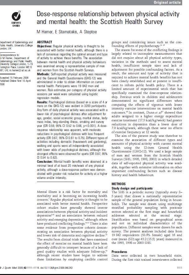 N=19 842 Fysisk aktivitet i minst 20 minutter om dagen hadde sammenheng med bedre psykisk