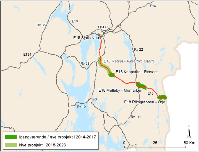 Handlingsprogrammet NTP 2014-2023 Perioden 2018-2023 I siste seksårsperiode legges det opp til å starte utbyggingen av E18 til firefelts veg fra Retvet til Vinterbro i Akershus.