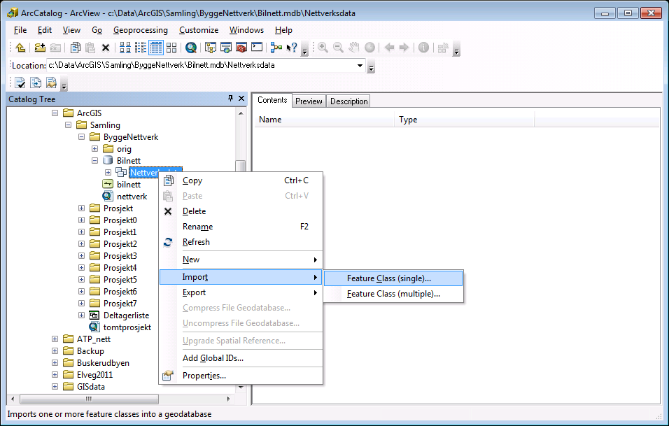 Brukermanual ATP-modellen versjon 10.0 14 Feature Datasettet Nettverksdata er nå opprettet! 1.5 Importere shapefil med nettverk til PGDB Neste steget i prosessen er ofte å importere shape-filen med nettverket inn i den nye personlige geodatabasen.