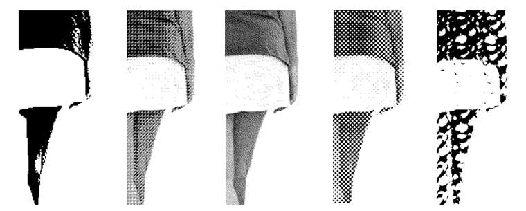 Diffusion Dither Konverterer et bilde gjennom en oppløsning av gråtonene til korn. Halftone Screen Etterligner fremstilling av halvtoneprikker.