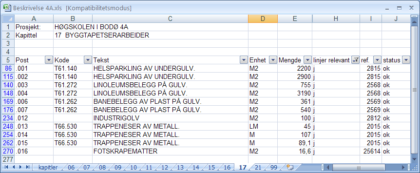 Figur 6: Eksempel på BM-eksporttil regneark tilrettelagt for videre bearbeiding av mengdebeskrivelser (BM eksport fra G-Prog beskrivelse). Tabell 2A