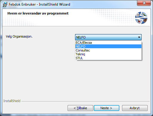 Figur 3 Velg leverandør av programmet. Dette valget er viktig. Har du en norsk lisens, skal du velge NELFO som leverandør. Dette er avgjørende for installasjonen, og oppgraderinger senere.