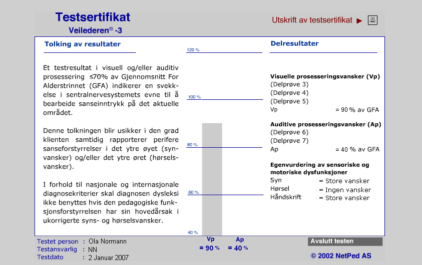 Testsertifikat Testsertifikatet er en skriftlig dokumentasjon på at personen har gjennomført en nevropsykologisk test for måling av i visuell og auditiv prosessering, med spesifisering av resultatene