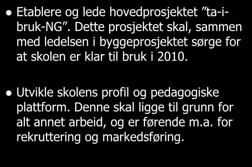 Vårt mandat august 2008 Etablere og lede hovedprosjektet ta-ibruk-ng.