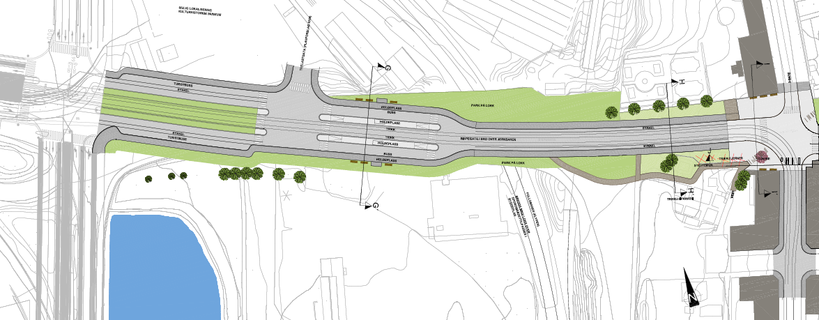 Figur 3.14 Foreslått løsning for ny kollektivtrasé i Bispegata. Kilde: Bymiljøetaten/Sweco, 2011. C.J.