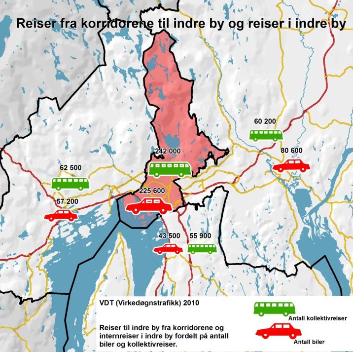 100 % 90 % 92 % 89 % 88 % 80 % 70 % 64 % 60 % 50 % 54 % 50 % 50 % 46 % 45 % 55 % Indre by 40 % 36 % Sør 30 % 20 % 10 % 11 % 12 % 8 % Vest Nordøst 0 % Kollektivandel Bilandel (fører/passasjer)