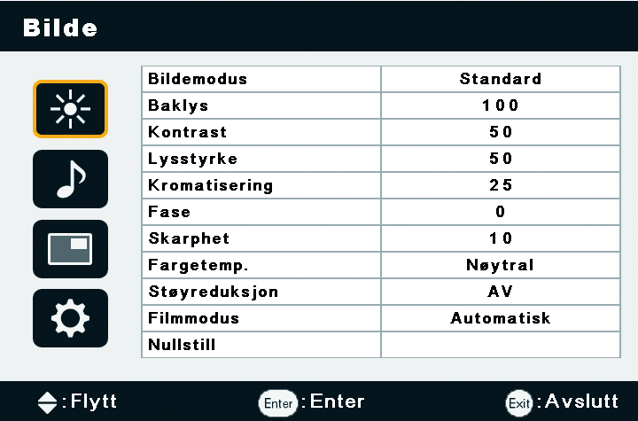 5. Skjermmenyen 19 Bilde-menyen Navn Bildemodus Baklys Kontrast Lysstyrke Kromatisering Fase Skarphet Fargetemp. Støyreduksjon Filmmodus Nullstill Beskrivelse Angir skjermmodusen.