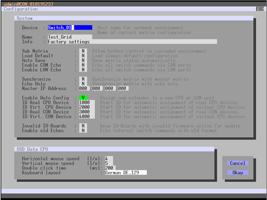 Systemkonfigurasjon Systemparametre Device, Name, Info Load Default Enable Auto Config Sett fornuftige navn som beskriver enheten. Denne informasjonen benyttes bl.a. når man lagrer konfigurasjonen og Matrix Grid.