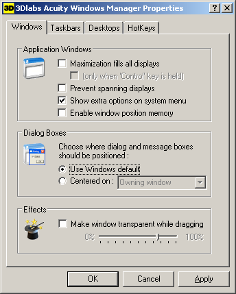 Menyutvidelser i 3Dlabs-vinduet Windows posisjonshukommelse Oppgavelinjer på to skjermer Oppgaveveksling Mulighet for flere skrivebord Definere snarveier Konfigurere alternativer for Acuity Windows
