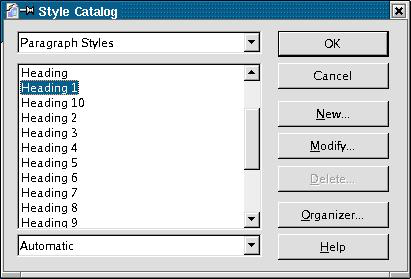 Bruk av Open Office side 9 av 12 Figur 1.7: Stilkatalog Her velger du aktuell stil, og avsnittet/linjen som skrivemerket står i formatteres nå med stilen Heading 1.