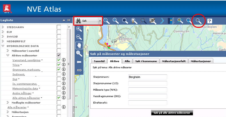Hydrologiske søk i NVE Atlas Verktøylinjen Søk gir mulighet for søk på NVE tema i NVE Atlas. Største antall objekter som kan være med i søkeresultatet er 500.