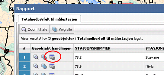 For å få frem all informasjon for en nedbørfelt når søket ditt gir flere treff i kartet: I Rapport -vinduet for søket ditt, klikk på symbolet Vis rapport: Detail Report for ønsket nedbørfelt (vis med