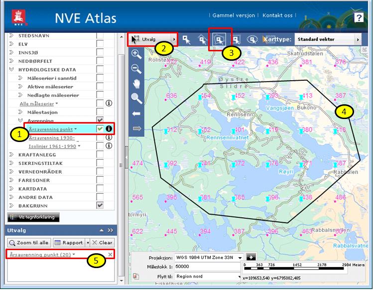 Under Utvalg, nede til venstre i kartverktøyet (se under), klikk på piltegnet til høyre for