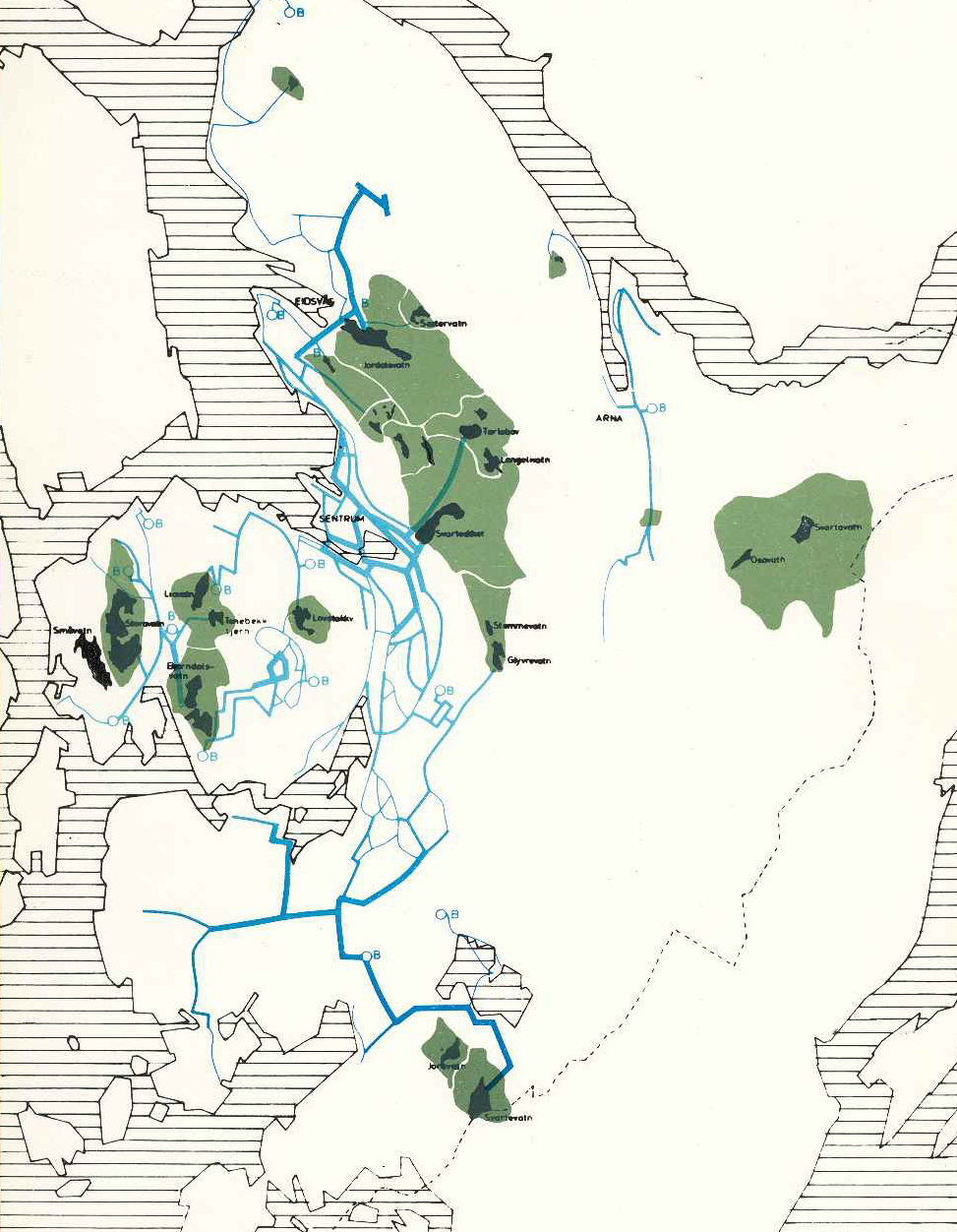 Vannforsyning 1972 (5 kommuner slo seg sammen i 1972) 18 offentlige vannverk Mange små nedbørfelt nær bebyggelsen Manglende samkjøringsmuligheter mellom