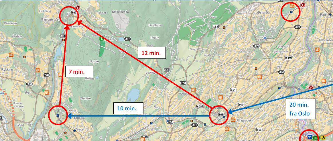 Dagens kollektivtilbud i Bærum korrespondanser Umulig å få alt til å korrespondere med alt i alle punkter: Oslo Bærums verk via Steinskogen: 20 + 5 + 12 = 37 minutter (5 minutter omstigning) Oslo