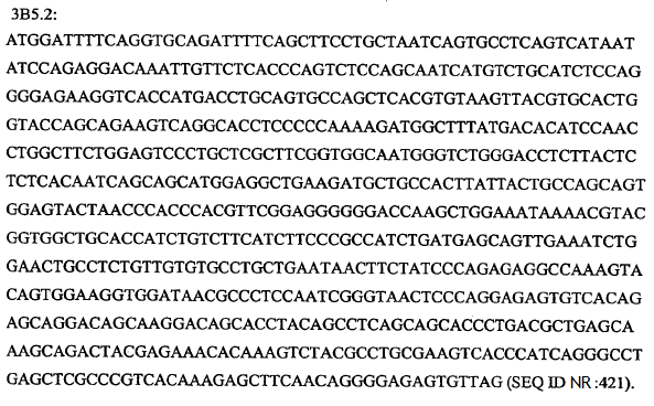 93 [0215] Lettkjede-immunoglobulin polynukleotidsekvens til humant murint kimærisk monoklonalt 5 [0216] I andre tilfeller inkluderer den gjeldende offentliggjøringen et isolert polynukleotid som