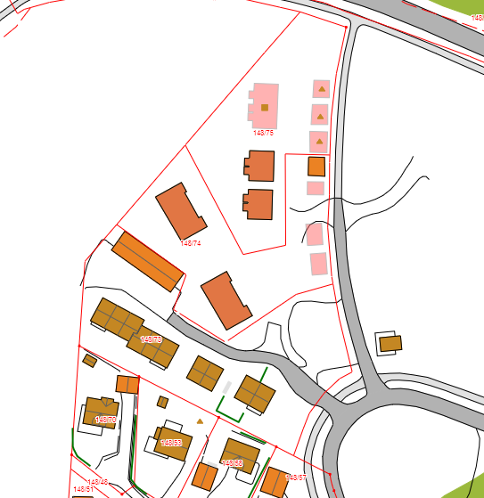 Figur 10: Eksempel 2-2 matrikkelenhet 148/48 m.fl. i Gran kommune: Her var det opprinnelig en stor eiendom som omfattet et utbyggingsområde.
