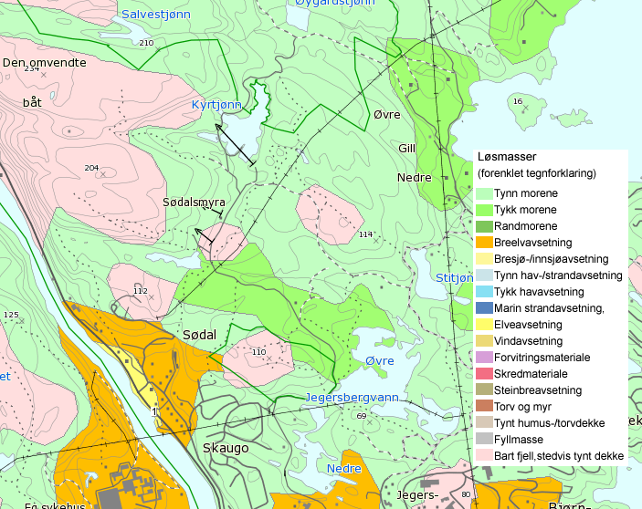 Figur 1.2: Løsmassekart hentet fra NGUs kartdatabase på nett. 1.5 Flora og fauna BioFokus foretok en kartlegging /9/ av naturverdier i områdene ved pistolbanen, leirduebanen og Kyrtjønn i 2013 for å komplettere informasjon om som finnes i Naturbase /11/.