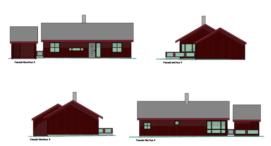 Fargene på bygninger og vinduer/dører er tenkt i de tradisjonelle bygningsfargene i Trøndelag, rødt, oker,
