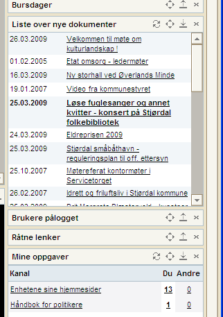 Bursdager Henter data fra ansatbasen i programmet og presenterer fødelsdato og navn på ansatte (ikke alder) Liste over nye dokumenter Gir oversikt over alle nye eller endrede artikler som jeg har