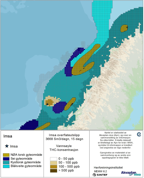 Fig. 9.9 Kart over gyteområder for NØA torsk, kysttorsk, sei og blåkveite. Sjøfugl Resultatene viser at miljørisikoen for Imsa er moderat.